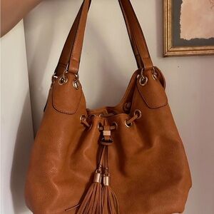 Leather Tassel Drawstring Shoulder Bag - Brown